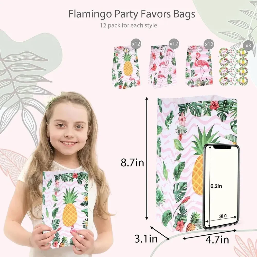36PCS Party Favors Bags, Hawaii Treat Bags w/Stickers Flamingo Gift Bags 3Design